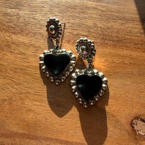 925 Mexico Sterling Silver Black Onyx Heart Dangle Earrings